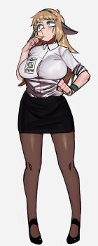 1girl absurdres animal_ears bakara black_shoes blush breasts collared_shirt commentary dofus full_body green_eyes green_hairband hairband highres large_breasts long_hair mano_(manobece) name_tag pantyhose pencil_skirt shirt shoes simple_background skirt solo thinking white_shirt wristband