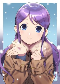 1girl blue_background blue_eyes brown_jacket dolustoy fur-trimmed_jacket fur_trim highres inazuma_eleven inazuma_eleven_(series) jacket kudou_fuyuka long_hair looking_at_viewer purple_hair snow snowing solo upper_body