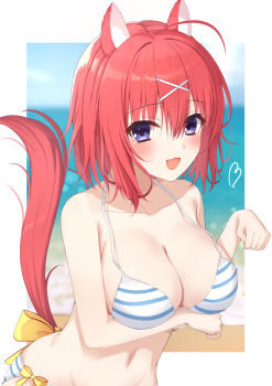 1girl :3 :d absurdres ahoge alternate_costume amairo_islenauts animal_ears arm_under_breasts bare_shoulders bikini blue_eyes blush border bow bow_bikini breasts cleavage commentary_request day eyes_visible_through_hair fang hair_between_eyes hair_ornament halterneck hand_up happy heart highres kimuratamashi large_breasts looking_at_viewer masaki_gaillard medium_hair navel ocean open_mouth outdoors outside_border paw_pose red_hair smile solo striped_bikini striped_clothes swimsuit tail tail_bow tail_ornament tail_raised upper_body white_bikini white_border wolf_ears wolf_girl wolf_tail x_hair_ornament yellow_bow