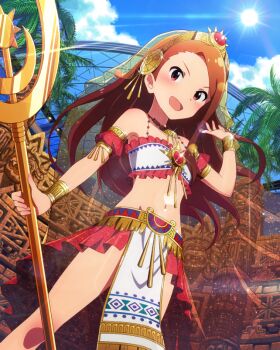 1girl architecture artist_request aztec bare_shoulders blue_sky blush brown_hair cloud collarbone day detached_sleeves female_focus holding idolmaster idolmaster_(classic) idolmaster_million_live! idolmaster_million_live!_theater_days jewelry long_hair looking_at_viewer mesoamerican_architecture midriff minase_iori navel necklace official_art open_mouth outdoors palm_tree red_eyes sky smile solo staff strapless sun sunlight tree veil wrist_cuffs