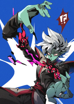 1boy :o absurdres black_bodysuit black_pants blood blue_background bodysuit bone colored_skin dismemberment dragon_ball dragon_ball_super earrings fused_zamasu green_skin grey_eyes highres jewelry kimo long_sleeves looking_down open_mouth pants pointy_ears potara_earrings purple_blood red_sash ring sash solo speech_bubble spiked_hair surprised surreal unusual_blood_color white_hair