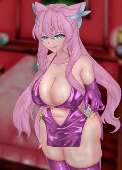 1girl absurdres aqua_eyes bed blurry blurry_background bodycon breasts butterfly_hair_ornament cleavage collarbone commentary_request condom double-parted_bangs dress elbow_gloves gallicooon gloves hair_between_eyes hair_ears hair_ornament halterneck highres holding holding_condom indoors large_breasts long_hair long_sidelocks looking_at_viewer maria_cadenzavna_eve microdress navel o-ring_dress open_mouth pink_hair purple_dress purple_gloves revealing_clothes senki_zesshou_symphogear sidelocks smile solo standing thick_thighs thighs upper_body very_long_hair wavy_sidelocks