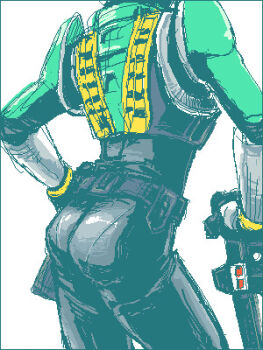 1boy armor ass ass_focus belt facing_away green_armor hand_on_own_hip kamen_rider kamen_rider_den-o_(series) kamen_rider_zeronos male_focus sakurai_yuuto_(kamen_rider_den-o) sketch sword weapon