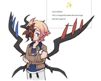 1boy blonde_hair blue_eyes blue_shirt brown_jacket closed_mouth commentary curly_hair english_text floette floette_(eternal) flower gen_6_pokemon holding holding_pokemon jacket long_sleeves male_focus nintendo open_clothes open_jacket pants pokemon pokemon_(creature) pokemon_legends:_z-a print_shirt shirt short_hair urbain_(pokemon) white_background wings xlii_idk