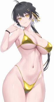 1girl antenna_hair bikini black_hair breasts closed_mouth collarbone colored_inner_hair commentary_request cowboy_shot earrings female_rover_(wuthering_waves) gold_bikini golden_week groin hair_ornament hair_ribbon hairclip halterneck hand_up highleg highleg_bikini highres jewelry large_breasts long_hair looking_at_viewer multicolored_hair navel parallel_hairclips ribbon rover_(wuthering_waves) shu-ri simple_background smile solo stomach string_bikini swimsuit thighs triangle_bikini_top triangle_earrings white_background white_hair wuthering_waves yellow_eyes yellow_ribbon