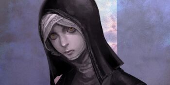 Rule 34 | 1girl, black capelet, black hood, capelet, close-up, closed mouth, elden ring, elden ring nightreign, hkch mch, looking at viewer, nun, pale skin, portrait, simple background, solo, undertaker (elden ring), white coif, wide-eyed, yellow eyes