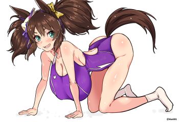 1girl absurdres aiuti all_fours animal_ears ass breasts brown_hair competition_swimsuit green_eyes highleg highleg_one-piece_swimsuit highres horse_ears horse_girl horse_tail huge_breasts inari_one_(umamusume) looking_at_viewer one-piece_swimsuit purple_one-piece_swimsuit racerback simple_background socks solo swimsuit tail twintails umamusume wet wet_hair white_background white_socks