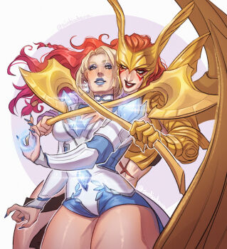 2girls absurdres angela_(marvel) armor artist_name blonde_hair blue_eyes blue_eyeshadow blue_lips bodypaint breasts commentary emma_frost english_commentary eyeshadow floating_hair gold_armor grin highres holding holding_weapon long_hair looking_at_another makeup marvel marvel_rivals medium_breasts multiple_girls red_hair scar scar_on_stomach short_hair sintiadaria smile superhero_costume twitter_username weapon yellow_eyes yuri