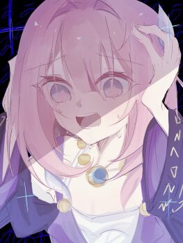 1girl blue_eyes collarbone crying cyrene_(aedes_elysiae)_(honkai:_star_rail) cyrene_(honkai:_star_rail) dress gomenutude highres honkai:_star_rail honkai_(series) medium_hair open_mouth pink_hair purple_dress solo