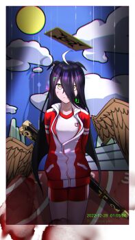 1girl absurdres angel_wings animal_ears closed_mouth dated ears_down gun hair_between_eyes highres holding holding_gun holding_weapon horse_ears horse_girl horse_tail jacket long_hair_between_eyes manhattan_cafe_(umamusume) multicolored_jacket partially_open_jacket puppet_strings red_jacket red_shorts shirt shorts solo sunday_silence_(racehorse) tail track_jacket two-tone_jacket umamusume vimpcylin weapon white_jacket white_shirt wings wire yellow_eyes