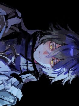 1boy black_background blue_hair commentary_request crossed_bangs double-parted_bangs empty_eyes flins_(genshin_impact) genshin_impact gradient_hair higashimotinazu highres male_focus multicolored_hair parted_lips sideways simple_background smile solo yellow_eyes