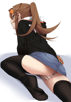1girl ass black_jacket black_thighhighs blue_shorts blue_skirt brown_eyes brown_hair commentary_request fu-ta highres jacket long_hair long_sleeves original panties shorts simple_background skirt solo striped_clothes striped_panties thighhighs thighs underwear usami_taiga white_background