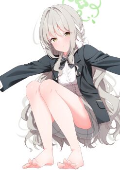 1girl bare_arms barefoot black_bow black_bowtie black_jacket blazer blue_archive blush bow bowtie braid closed_mouth collared_shirt commentary_request dress_shirt green_halo grey_hair grey_skirt hair_between_eyes hair_bow hair_intakes hair_ribbon halo highres jacket long_hair long_sleeves looking_at_viewer medium_skirt mikami_makoto_(makot0_01) miyo_(blue_archive) plaid_clothes plaid_skirt pleated_skirt ribbon ribbon_braid school_uniform shirt simple_background skirt socks solo squatting very_long_hair wavy_hair white_background white_bow white_ribbon white_shirt white_socks yellow_eyes