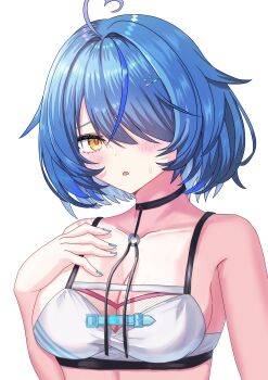 1girl absurdres black_choker black_jacket blue_hair blush bra breasts choker cleavage collarbone commentary_request elf fingernails hair_over_one_eye heart highres hololive jacket large_breasts mizoleoekaki nail_polish navel open_mouth pointy_ears short_hair simple_background smile solo underwear upper_body virtual_youtuber white_background white_bra yellow_eyes yukihana_lamy yukihana_lamy_(cyber)