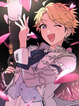 1boy ahoge androgynous arm_strap beads blonde_hair blue_bow blue_ribbon blue_vest blush bow confetti curtained_hair earrings ensemble_stars! fringe_trim hand_on_weapon heart highres holding holding_weapon idol jacket jewelry lapels long_sleeves looking_at_viewer narukami_arashi niyororinpayamaru one_eye_closed open_mouth panties photo-referenced purple_eyes ribbon smile solo swept_bangs tassel tassel_earrings underwear upper_body vest weapon white_jacket white_panties