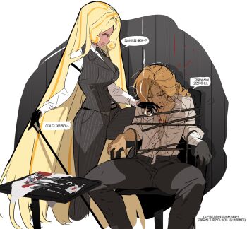 2girls :d ^_^ against_wall bandaged_arm bandages belt black_background black_gloves black_pants black_vest blonde_hair blood blood_on_clothes blood_on_face border bottle bound breasts brown_hair buttons chair cigarette closed_eyes collarbone collared_shirt commentary cookie_run cookie_run:_ovenbreak croissant_cookie croissant_cookie_(director_of_the_tbd) cropped_legs curly_sidelocks drop_shadow dual_persona facing_another facing_down feet_out_of_frame gloves grey_belt grey_necktie grey_shirt grin highres holding holding_cigarette humanization hunched_over korean_text long_hair medium_breasts multicolored_hair multiple_girls necktie official_alternate_hair_length official_alternate_hairstyle ohta_guk_hip on_chair open_mouth orange_hair outside_border pants partially_unbuttoned pinstripe_pants pinstripe_pattern pinstripe_vest profile rope round_border scissors shirt sideways_mouth simple_background single_glove sitting small_breasts smile smoke speech_bubble spread_legs straight_hair streaked_hair sweat syringe thick_eyebrows thick_thighs thighs three-quarter_sleeves tied_up_(nonsexual) timekeeper_cookie translation_request tray two-tone_hair u_u very_long_hair vest white_border white_shirt