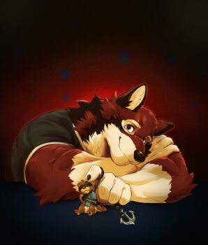 2boys absurdres anchor_bracelet animal_ears bara black_shirt blue_shirt bound brown_pants chase_hunter claws commentary crimsonrabbit_(crimsonann) echo_(visual_novel) echo_project english_commentary furry furry_male head_on_arm highres leo_alvarez looking_at_viewer male_focus multiple_boys muscular muscular_male otter_boy otter_ears otter_tail pants pawpads shirt smile tail wolf_boy wolf_ears