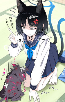 1girl 1other absurdres anger_vein animal_ear_fluff animal_ears arm_at_side artist_name bandages barefoot black_choker black_eyes black_hair black_ribbon black_sailor_collar black_skirt blue_archive blue_flower blue_halo blue_haori blue_neckerchief blush bob_cut bright_pupils bruise cat_ears cat_girl choker commentary_request demon_dog dog eyes_on_body flower flying_sweatdrops full_body halo hand_up haori happy highres injury japanese_clothes kikyou_(blue_archive) kneehighs kneeling knees_up kurokage_(blue_archive) long_sleeves looking_at_another looking_down miniskirt multiple_tails nail_polish neck_ribbon neckerchief on_grass outdoors pleated_skirt pointing pointing_up red_flower ribbon ribbon-trimmed_skirt ribbon_trim sailor_collar school_uniform scolding serafuku shaded_face shirt short_hair sidelighting sitting skirt socks solo speech_bubble tail tatami two_tails unworn_haori walker-0083 white_shirt