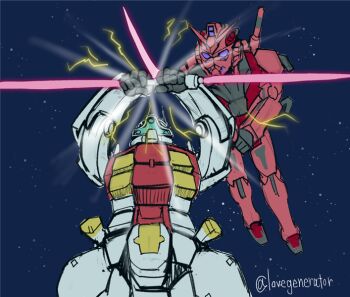 Rule 34 | artist name, assault visor, commentary, double blade, energy sword, fighting, gelgoog, gelgoog (gquuuuuux), glowing, glowing eyes, green visor, gundam, gundam gquuuuuux, hashtag-only commentary, holding, holding sword, holding weapon, kin-san (sasuraiga), mecha, mecha focus, mobile suit, mobile suit gundam, no humans, purple eyes, red gundam, robot, scene reference, science fiction, space, sword, twitter username, v-fin, weapon
