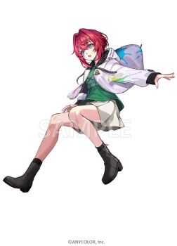 :o ange_katrina ankle_boots bare_legs black_boots blue_eyes boots commentary_request floating_clothes green_shirt grey_shorts hair_between_eyes hair_intakes hair_ornament hood hood_down hooded_jacket jacket long_sleeves looking_ahead medium_hair multicolored_eyes nijisanji nijisanji_fes_t-shirt official_art open_clothes open_jacket open_mouth outstretched_arm paint_on_clothes paint_splatter pink_eyes pleated_shorts pokimari print_shirt red_hair sample_watermark shirt shorts simple_background sleeve_cuffs triangle_hair_ornament two-tone_eyes virtual_youtuber watermark white_background white_jacket