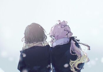 2girls ahoge anyoji_hime black_coat black_hair blonde_hair brown_scarf coat from_behind gradient_hair highres l9525 link!_like!_love_live! love_live! momose_ginko multi-tied_hair multicolored_hair multiple_girls pink_hair plaid_clothes plaid_scarf ponytail purple_scarf scarf short_hair simple_background virtual_youtuber white_background