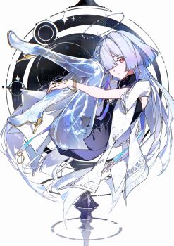 1girl absurdres artist_name chromatic_aberration colored_eyelashes commentary dress earrings from_side full_body grey_hair hair_ornament halo high_heels highres jacket jewelry leria_v long_hair looking_at_viewer looking_to_the_side mornye_(wuthering_waves) parted_lips purple_dress red_eyes see-through_body solo tacet_mark_(wuthering_waves) triangle_earrings very_long_hair white_jacket wuthering_waves