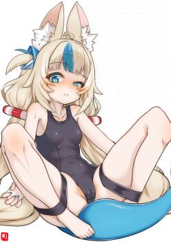 1girl absurdres animal_ear_fluff animal_ears blue_eyes blue_hair blue_nails breasts cameltoe highres indie_virtual_youtuber johnny_(braun-kan_cafe) long_hair multicolored_hair one-piece_swimsuit sameko_saba school_swimsuit small_breasts solo swimsuit tail