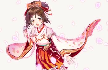 Rule 34 | 1girl, amaokoge, bow, bowtie, brown hair, detached sleeves, domyoji karin, flower ornament, idolmaster, idolmaster cinderella girls, idolmaster cinderella girls starlight stage, japanese clothes, nontraditional miko, open mouth, orange eyes, petals, ribbon-trimmed thighhighs, ribbon trim, short hair, smile, tassel, thighhighs, white thighhighs, wide sleeves