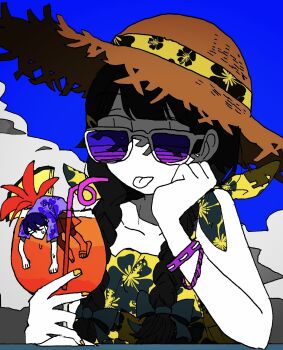1boy 1girl alternate_costume bendy_straw black_dress blue_sky bracelet braid closed_mouth cloud commentary_request dress drinking_straw floral_print floral_print_dress flower_in_drink food hair_over_shoulder hand_on_own_chin hat hawaiian_shirt head_rest highres in_food jewelry kenmochi_touya long_hair looking_at_viewer looking_over_eyewear low_twin_braids mini_person miniboy nijisanji outdoors partially_colored print_dress purple-tinted_eyewear purple_shirt shirt short_hair short_sleeves shouen_(sho_s975) sky spaghetti_strap straw_hat sun_hat sunglasses tinted_eyewear tongue tongue_out tropical_drink tsukino_mito twin_braids two-tone_dress upper_body yellow_dress