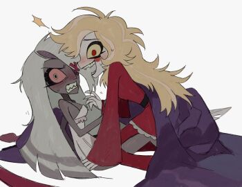 2girls angry blonde_hair blush camisole caught charlie_morningstar colored_sclera dark_skin demon demon_girl dress hazbin_hotel hell hellaverse long_hair multiple_girls pink_sclera red_sclera smile vaggie white_hair yellow_sclera yuri