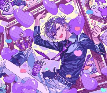 1boy :d antenna_hair arched_crown belt belt_buckle black_belt black_boots black_shirt boots box braid buckle cat collared_shirt commentary_request crown cup disposable_cup ditto empty_picture_frame feet_out_of_frame finger_heart fold-over_boots gen_1_pokemon gen_8_pokemon gengar gift gift_box hair_between_eyes half_up_braid hands_up heart heart_background highres inkling_(swim_form) knee_up looking_at_viewer male_focus mario_(series) microphone milkshake miuru_(utaite) necktie nintendo open_mouth pants pants_tucked_in picture_frame pikachu pokemon polaroid_camera purple_eyes purple_hair purple_necktie purple_ribbon purple_theme ribbon shirt shirt_tucked_in short_hair sitting sleeve_cuffs smile solo splatoon_(series) squid stpr_boys_project toad_(mario) toxel unworn_crown v-shaped_eyebrows white_pants yellow_background yudeazu_king