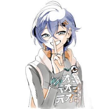 1girl ahoge belle_(zenless_zone_zero) black_hoodie blue_eyes blue_hair commentary ear_piercing earrings english_commentary finger_to_mouth grin hair_ornament hood hoodie jewelry letter_hair_ornament piercing short_hair shushing sleeves_past_wrists smile solo turtleneck upper_body wanderjegson zenless_zone_zero