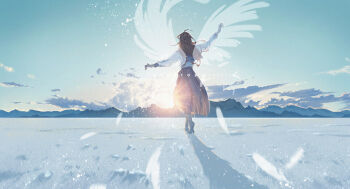 1girl absurdres ahoge arms_up artist_name backlighting barefoot blue_sailor_collar blue_skirt brown_hair cloud commentary_request dated facing_away falling_feathers feathers from_behind highres long_hair long_skirt long_sleeves mountainous_horizon original pleated_skirt sailor_collar school_uniform shadow shirt shirt_tucked_in skirt sky sleeve_cuffs solo teardrops_(user_vgvd7733) tiptoes walking white_shirt wide_shot wings