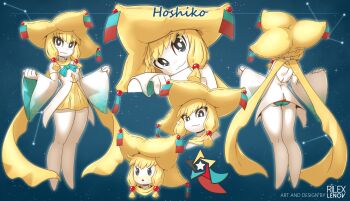 1girl :o artist_name ass back backless_shirt black_eyes blonde_hair blue_background blue_bow blue_bowtie blue_panties blunt_tresses blush bowtie breasts bright_pupils character_name closed_mouth colored_skin constellation crossed_arms detached_sleeves english_text facing_away female_focus from_behind full_body gen_3_pokemon hair_ornament hands_up happy hat head_tilt high-waist_skirt jirachi kneepits legendary_pokemon legs_together long_sleeves looking_at_viewer miniskirt multiple_views mythical_pokemon nintendo no_feet nose_blush open_mouth panties pleated_skirt pokemon pokemon_(creature) print_sleeves rilex_lenov shirt sidelocks skirt sleeveless sleeveless_shirt small_breasts smile sphere_hair_ornament standing star_(symbol) star_print underwear watermark white_pupils white_shirt white_skin white_sleeves wide_sleeves yellow_hat yellow_skirt