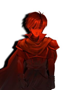 1boy armor belt cape clenched_hands closed_mouth commentary_request expressionless fingerless_gloves fire_emblem fire_emblem:_the_binding_blade gloves hair_between_eyes headband high_collar highres lollaimi_(lolla_l15) looking_at_viewer male_focus monochrome nintendo red_theme roy_(fire_emblem) short_hair simple_background solo white_background