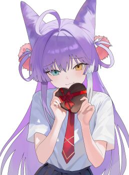 Rule 34 | 1girl, :3, absurdres, ahoge, aqua eyes, blush, candy, chocolate, chocolate heart, closed mouth, commentary, cone hair bun, dated commentary, double bun, food, hair bun, hair ornament, hands up, heart, heart-shaped food, heterochromia, highres, holding, holding chocolate, holding food, long hair, looking at viewer, multicolored hair, nbee ya, necktie, pom pom (clothes), pom pom hair ornament, purple hair, red necktie, red ribbon, ribbon, shirt, short sleeves, simple background, solo, stellive, tenko shibuki, two-tone hair, upper body, virtual youtuber, white background, white hair, white shirt, white streaks, yellow eyes