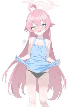 1girl absurdres ahoge alternate_costume apron apron_lift black_panties black_pantyhose blue_apron blue_archive blush breasts cameltoe clothes_lift collarbone dot_nose fang hair_between_eyes halo heterochromia highres hoshino_(blue_archive) huge_ahoge lifting_own_clothes loli long_hair looking_at_viewer nearly_naked_apron nervous_smile non-web_source open_mouth panties pantyhose pink_hair pink_halo runarie signature simple_background small_breasts smile solo sweat sweatdrop thighs underwear very_long_hair white_background