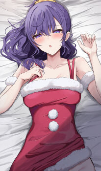1girl :o absurdres alternate_costume asahina_mafuyu bed_sheet blush breasts christmas clothes_lift collarbone commentary dot_nose dress dress_lift fur-trimmed_dress fur_armlet fur_trim groin hair_between_eyes hair_ornament hair_scrunchie half-closed_eyes hands_up high_ponytail highres kunizaki large_breasts long_hair looking_at_viewer lying on_back on_bed orange_scrunchie parted_lips pom_pom_(clothes) ponytail project_sekai purple_eyes purple_hair red_dress santa_costume santa_dress scrunchie short_dress sidelocks sleeveless sleeveless_dress solo strap_pull sweat upper_body