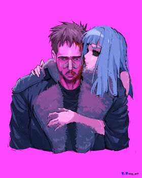 1boy 1girl absurdres bandage_on_nose beard black_eyes blade_runner_(series) blade_runner_2049 blood blue_eyes blue_hair brown_hair coat cropped_torso facial_hair fur-trimmed_coat fur_trim highres hug joi k_(blade_runner_2049) looking_down meme nisp_art pink_background russian_commentary ryan_gosling translation_request upper_body you_look_lonely_(meme)
