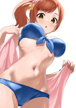 1girl bead_bracelet beads bikini blue_bikini bracelet breasts brown_eyes commentary_request cowboy_shot fascinate_kyrie flower front-tie_bikini_top front-tie_top hair_flower hair_ornament highres holding idolmaster idolmaster_cinderella_girls igarashi_kyoko jewelry looking_at_viewer medium_breasts navel orange_hair parted_lips pink_flower side_ponytail simple_background solo stomach swimsuit white_background yellow_flower