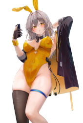 Rule 34 | 1girl, alternate costume, animal ears, black jacket, black thighhighs, breasts, cellphone, cleavage, commentary request, covered navel, fake animal ears, grey hair, highres, holding, holding phone, honkai: star rail, honkai (series), jacket, large breasts, leotard, long hair, long sleeves, looking at viewer, phone, playboy bunny, rabbit ears, ru zhai, simple background, single thighhigh, solo, standing, stelle (honkai: star rail), thigh strap, thighhighs, thighs, trailblazer (honkai: star rail), white background, yellow eyes, yellow leotard