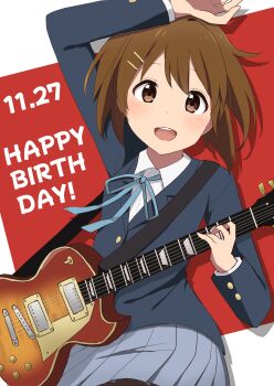 ! 1girl birthday blush brown_eyes brown_hair dated dot_nose english_text feet_out_of_frame female_focus guitar hair_between_eyes hair_ornament hairclip happy_birthday hirasawa_yui holding holding_guitar holding_instrument instrument jacket k-on! looking_at_viewer nakazumikohada open_mouth sakuragaoka_high_school_uniform shirt short_hair skirt solo standing white_shirt