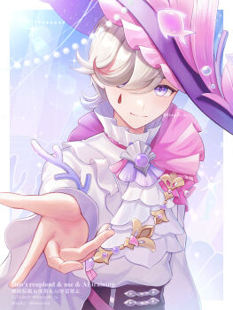 1boy ascot brown_hair closed_mouth commentary_request fingernails genshin_impact hair_over_one_eye hat highres hn_(honyori_ta) long_sleeves looking_at_viewer lyney_(genshin_impact) male_focus outstretched_arm purple_eyes purple_hat shirt shirt_tucked_in smile solo teardrop_facial_mark white_ascot white_shirt