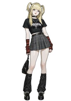 1girl amane_misa arm_warmers bag belt belt_buckle black_bag black_belt black_choker black_leg_warmers black_nails black_shirt black_shoes blonde_hair blue_eyes blunt_bangs breasts buckle choker commentary contrapposto crop_top cross cross_necklace death_note double full_body h4sh1rnoto hair_over_shoulder handbag highres jewelry leg_warmers long_hair looking_at_viewer miniskirt necklace parted_lips platform_shoes pleated_skirt print_shirt red_arm_warmers shirt shoes short_sleeves sidelocks skirt small_breasts solo standing striped_arm_warmers t-shirt two_side_up white_background