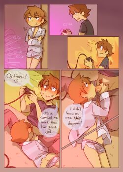 2boys absurdres age_difference blush boxers clive_dove comic controller fellatio highres luke_triton male_focus male_underwear multiple_boys oral professor_layton shota sitting size_difference smile text_focus tnso underwear undressing yaoi