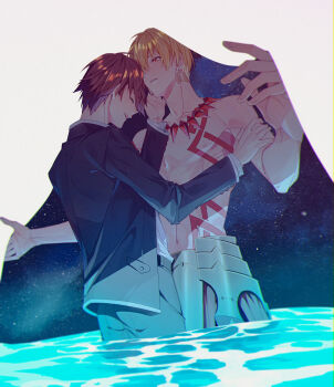 Rule 34 | 2boys, armor, arms up, belt, black belt, black jacket, black pants, blonde hair, body markings, brown hair, closed eyes, closed mouth, collarbone, commentary request, fate/extra, fate/extra ccc, fate (series), faulds, gilgamesh (fate), hand on another's arm, hand on another's face, highres, jacket, jewelry, kishinami hakuno (male), layered sleeves, looking at another, male focus, multiple boys, necklace, pants, shirt tucked in, short hair, sky, smile, sohi, star (sky), starry sky, topless male, tsukumihara academy uniform (fate/extra ccc), water, white background, yaoi