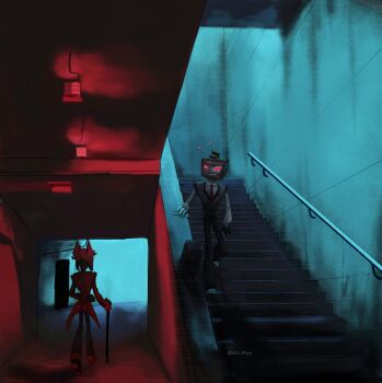 2boys alastor_(hazbin_hotel) animal_ears arm_behind_back black_hair black_hat black_pants cane collared_shirt colored_sclera commentary deer_ears dilain_miya english_commentary from_behind grey_vest hat hazbin_hotel hellaverse highres holding holding_cane jacket long_sleeves male_focus multicolored_hair multiple_boys necktie pants red_hair red_jacket red_necktie red_sclera shirt short_hair stairs striped_clothes striped_jacket teeth television top_hat two-tone_hair vest vox_(hazbin_hotel) white_shirt