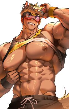 Rule 34 | 1boy, abs, absurdres, animal ears, arm up, armpits, bara, black shorts, blush, clenched teeth, clothes lift, commentary, dark-skinned male, dark skin, ear piercing, english commentary, goggles, golden ryder (xxl), green eyes, highres, horse boy, horse ears, horse tail, large pectorals, looking at viewer, male focus, muscular, muscular male, nipples, pectorals, piercing, shiny skin, shirt lift, short hair, shorts, simple background, solo, sweatband, tail, tank top, teeth, toastytoastiee, veins, veiny crotch, veiny hands, white background, wristband, xxl woofia