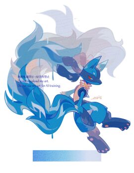 1other auko black_fur blue_fur body_fur closed_mouth furry gen_4_pokemon highres lucario multicolored_fur nintendo pokemon pokemon_(creature) pokemon_focus red_eyes solo spikes tail yellow_fur