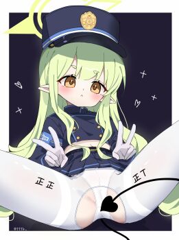 1girl :&lt; armband artist_name black_tail blue_archive blue_armband blue_background blue_hat blue_jacket blue_skirt blush border brown_eyes closed_mouth clothing_cutout commentary crotch_cutout demon_girl demon_tail double_v gloves green_hair green_halo halo hat highres hikari_(blue_archive) jacket loli long_hair long_sleeves looking_at_viewer miniskirt navel outside_border panties panties_under_pantyhose pantyhose peaked_cap pleated_skirt pointy_ears short_eyebrows simple_background skirt solo spread_legs symbol-only_commentary tail tally thick_eyebrows thighband_pantyhose tttlr twitter_username underwear v v-shaped_eyebrows white_border white_gloves white_panties white_pantyhose